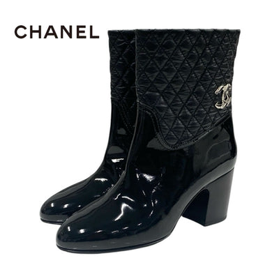 Chanel CHANEL boots, short boots, shoes, patent leather, black, silver, coco mark, matelasse