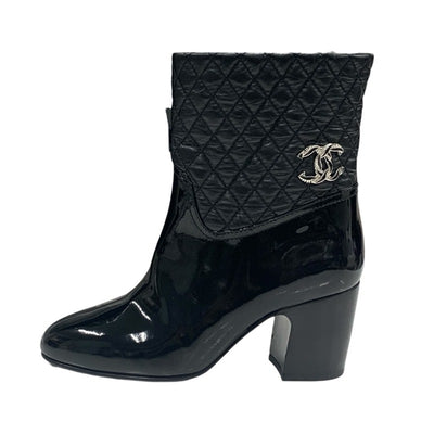 Chanel CHANEL boots, short boots, shoes, patent leather, black, silver, coco mark, matelasse