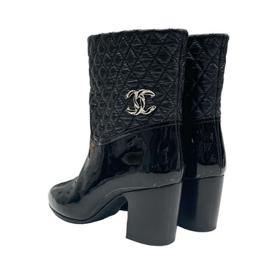 Chanel CHANEL boots, short boots, shoes, patent leather, black, silver, coco mark, matelasse