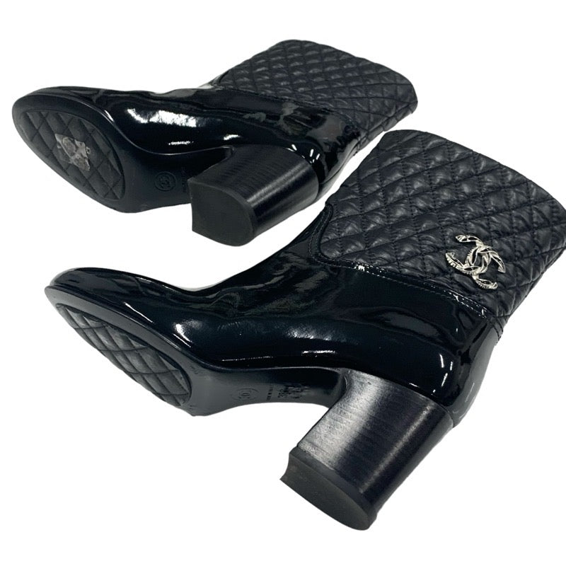 Chanel CHANEL boots, short boots, shoes, patent leather, black, silver, coco mark, matelasse