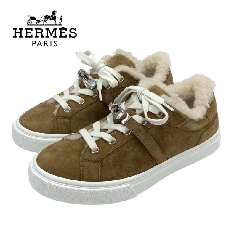 Hermes Day Sneakers Shoes Suede Mouton Brown Silver Kelly Metal Boa