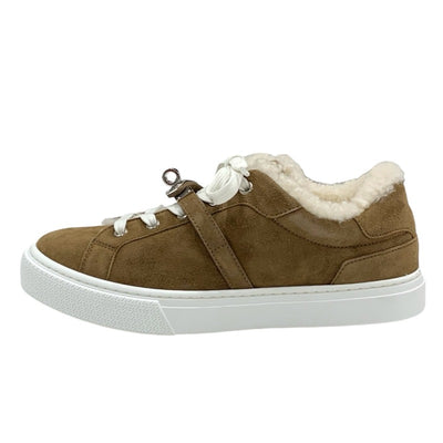 Hermes Day Sneakers Shoes Suede Mouton Brown Silver Kelly Metal Boa