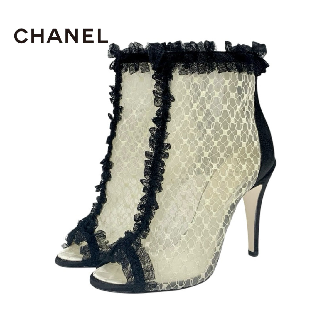 Chanel CHANEL boots, short boots, shoes, mesh, satin, white, black, lace, coco mark, ruffles