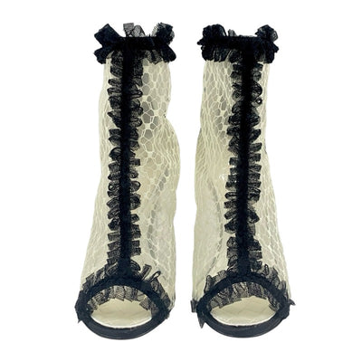 Chanel CHANEL boots, short boots, shoes, mesh, satin, white, black, lace, coco mark, ruffles