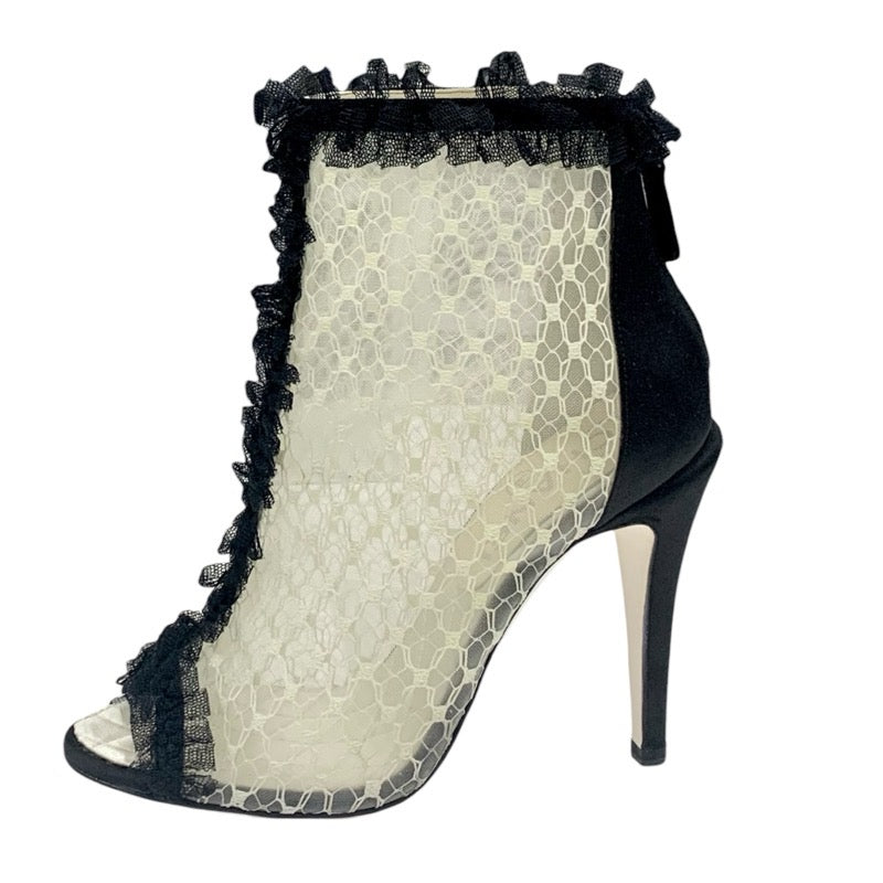 Chanel CHANEL boots, short boots, shoes, mesh, satin, white, black, lace, coco mark, ruffles