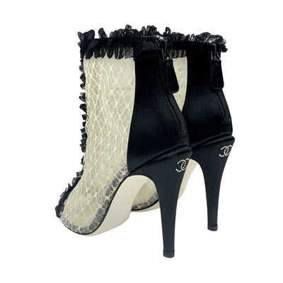 Chanel CHANEL boots, short boots, shoes, mesh, satin, white, black, lace, coco mark, ruffles