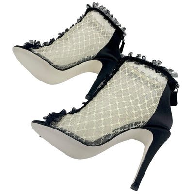 Chanel CHANEL boots, short boots, shoes, mesh, satin, white, black, lace, coco mark, ruffles