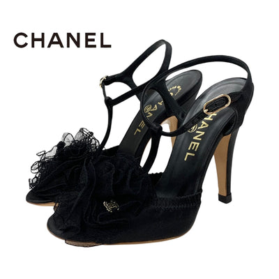 Chanel Sandals Shoes Satin Black Coco Mark Camellia T-strap