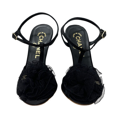 Chanel Sandals Shoes Satin Black Coco Mark Camellia T-strap