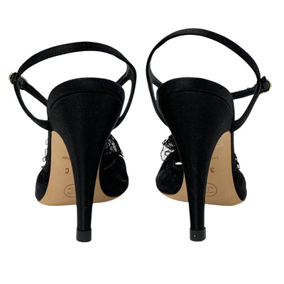 Chanel Sandals Shoes Satin Black Coco Mark Camellia T-strap