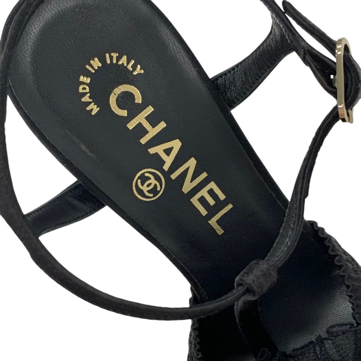 Chanel Sandals Shoes Satin Black Coco Mark Camellia T-strap