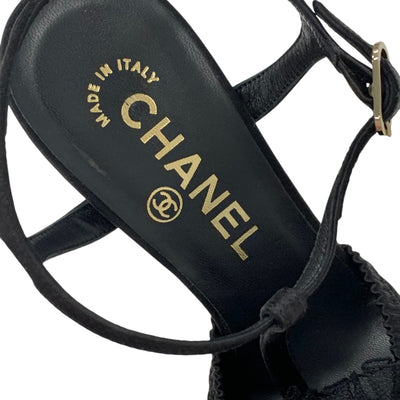 シャネル CHANEL サンダル 靴 シューズ サテン ブラック 黒 ココマーク カメリア Tストラップ