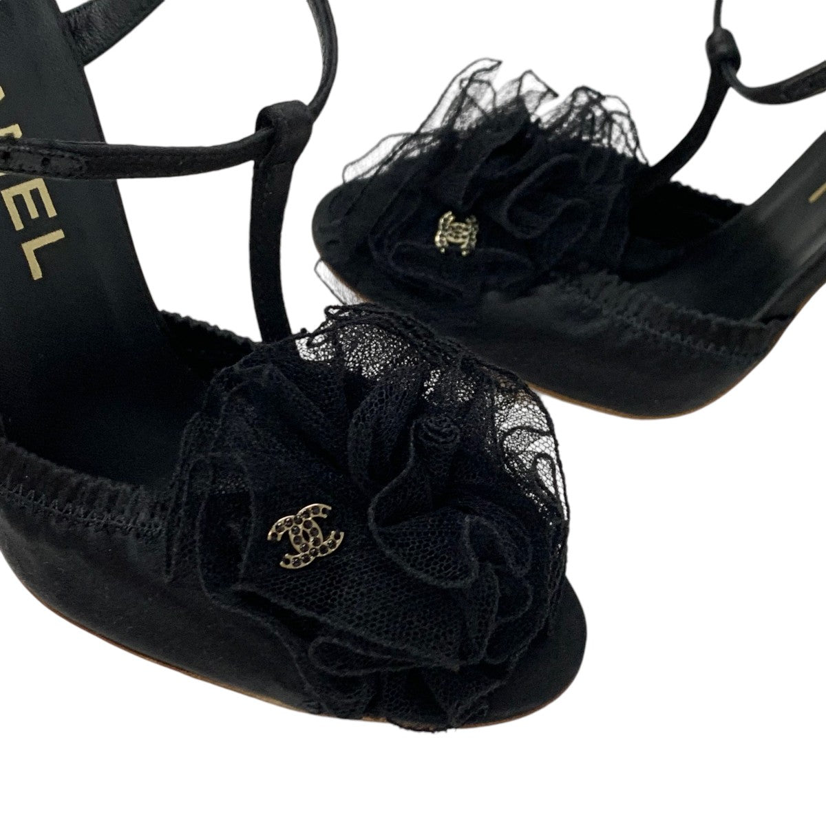 Chanel Sandals Shoes Satin Black Coco Mark Camellia T-strap