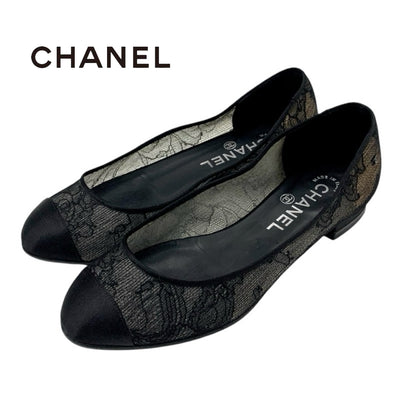 Chanel CHANEL flat shoes shoes lace satin black flat pumps coco mark flower