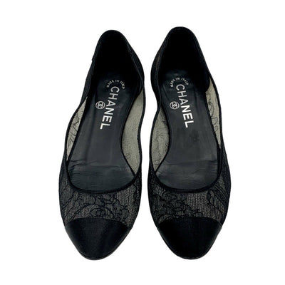 Chanel CHANEL flat shoes shoes lace satin black flat pumps coco mark flower