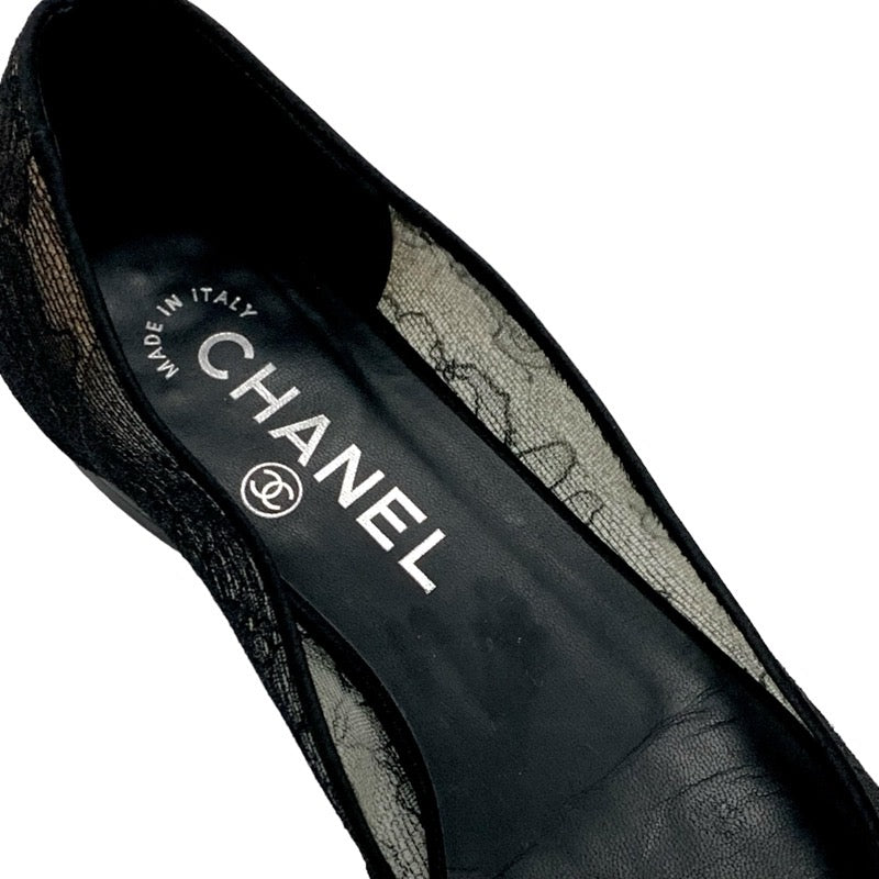 シャネル CHANEL フラットシューズ 靴 シューズ レース サテン ブラック 黒 フラットパンプス ココマーク フラワー