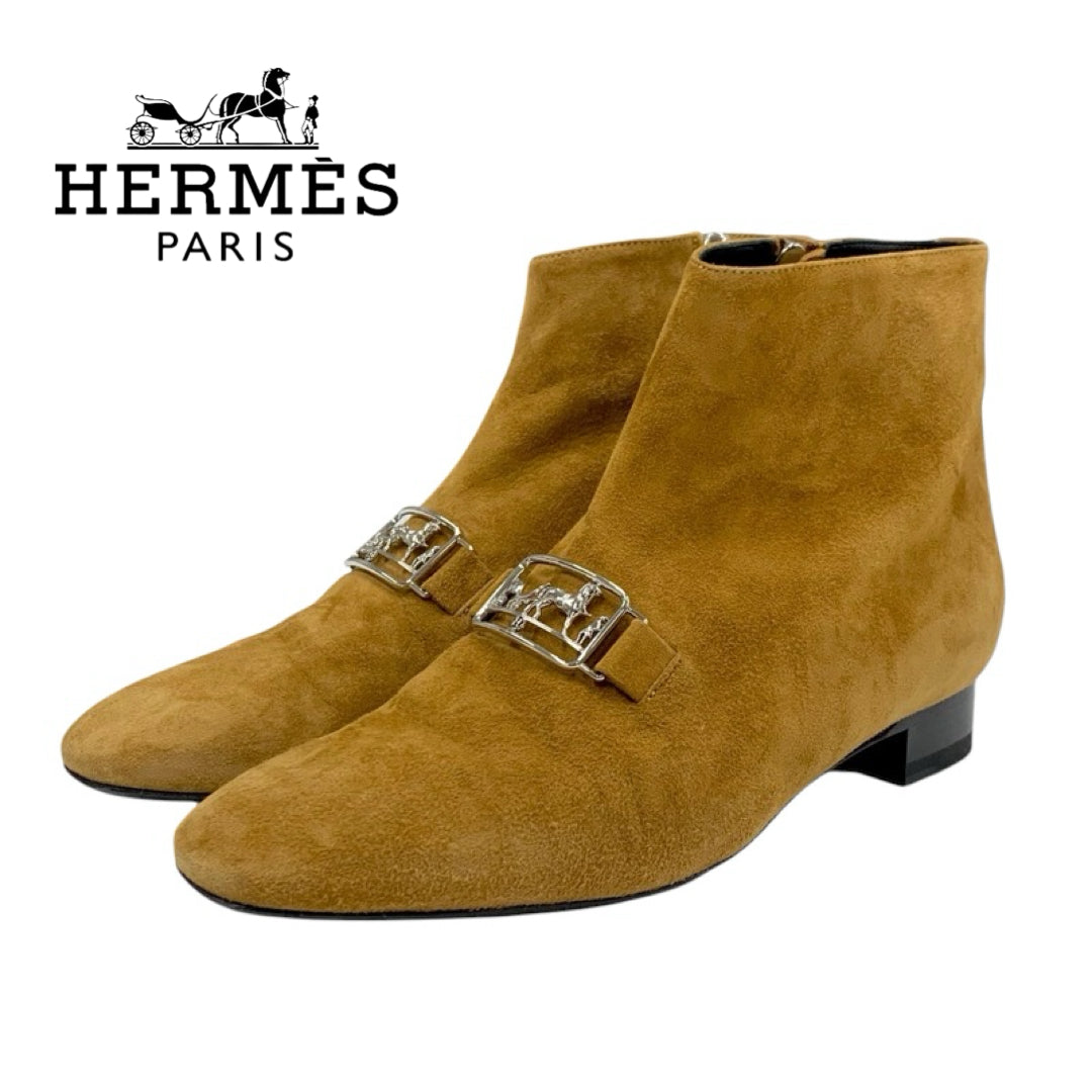 Hermes HERMES Boots, Short Boots, Shoes, Suede, Brown, Silver, Hose