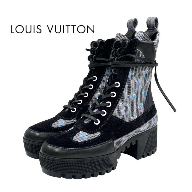 LOUIS VUITTON Lauriat Line Monogram Boots Short Boots Shoes Leather Suede Black Blue Lace-up Ankle Boots