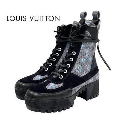 LOUIS VUITTON Lauriat Line Monogram Boots Short Boots Shoes Leather Suede Black Blue Lace-up Ankle Boots