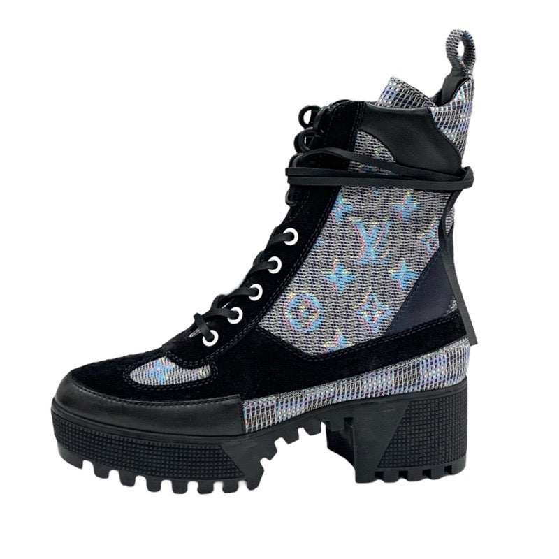 LOUIS VUITTON Lauriat Line Monogram Boots Short Boots Shoes Leather Suede Black Blue Lace-up Ankle Boots