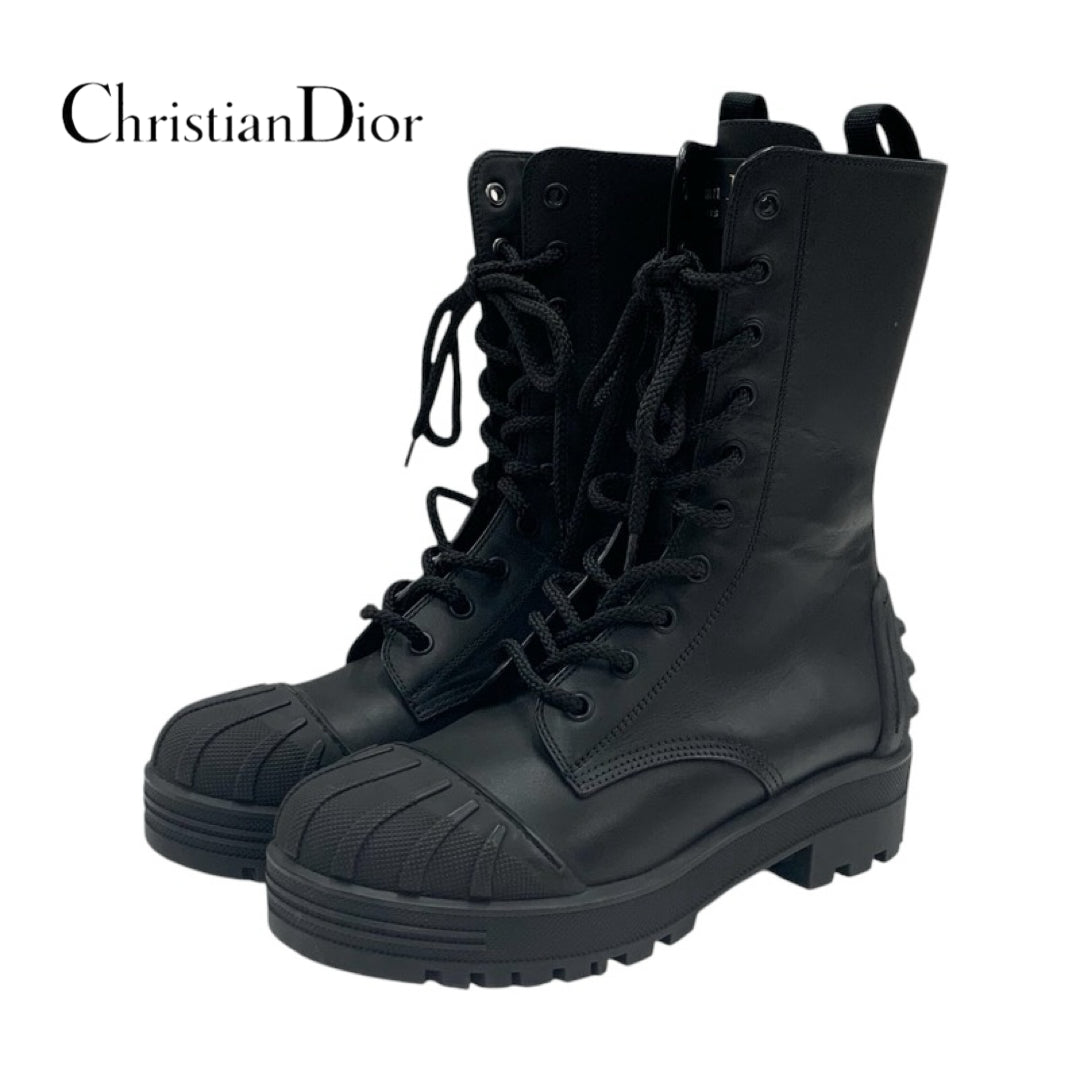 Christian Dior CHRISTIAN DIOR Boots, Short Boots, Shoes, Leather, Rubber, Black, Middle Boots, Logo, Lace-up