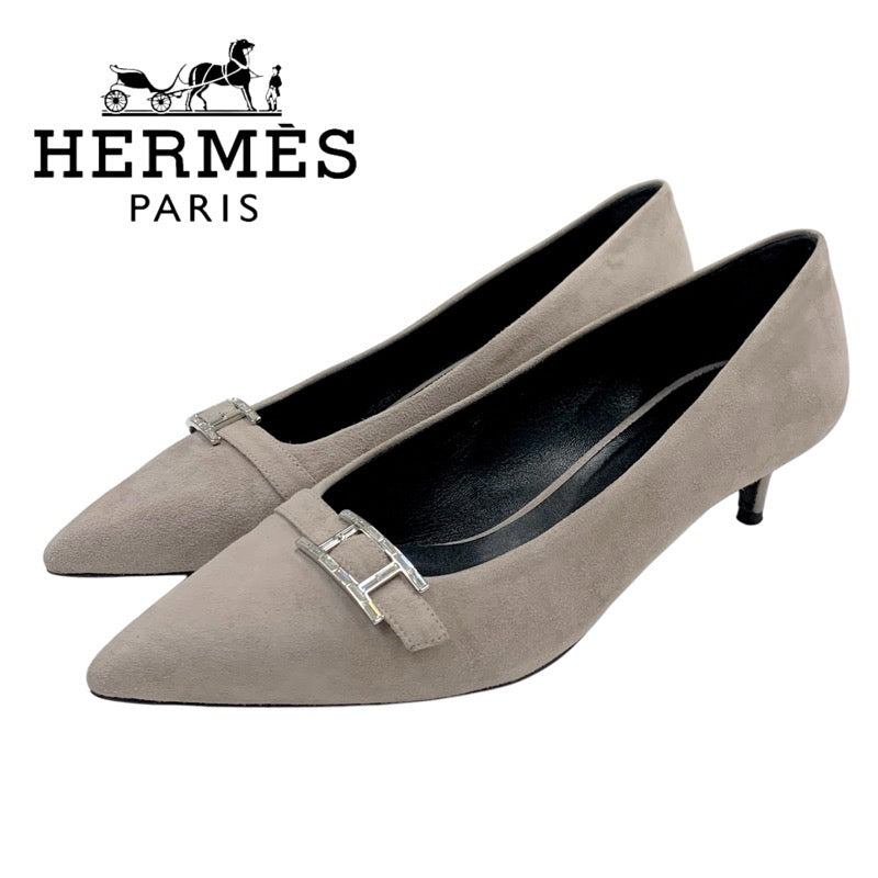 Hermes HERMES Pumps Shoes Suede Gray Silver H Buckle Bijoux