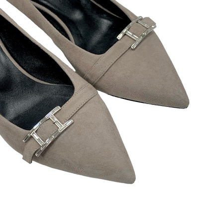 Hermes HERMES Pumps Shoes Suede Gray Silver H Buckle Bijoux