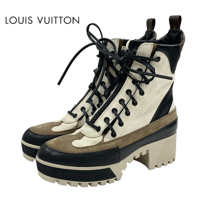 LOUIS VUITTON Lauriat Line Monogram Boots Short Boots Shoes Suede Leather Off-White Brown Black Lace-up Ankle Boots