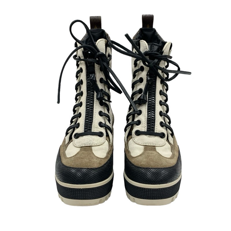 LOUIS VUITTON Lauriat Line Monogram Boots Short Boots Shoes Suede Leather Off-White Brown Black Lace-up Ankle Boots