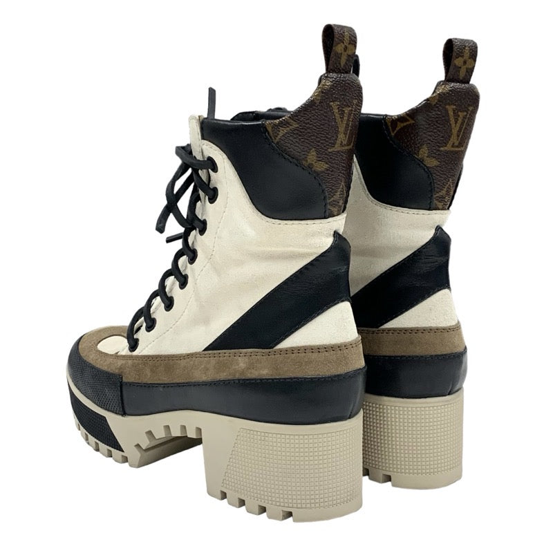 LOUIS VUITTON Lauriat Line Monogram Boots Short Boots Shoes Suede Leather Off-White Brown Black Lace-up Ankle Boots