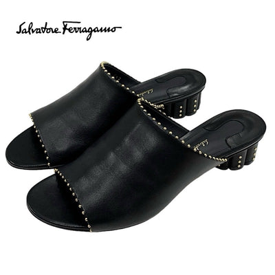 フェラガモ FERRAGAMO サンダル 靴 シューズ レザー ブラック 黒 ゴールド ミュール スタッズ