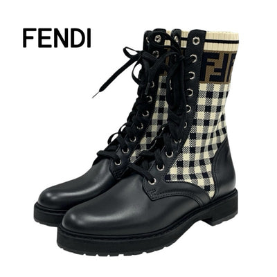 FENDI Rococo Boots Short Boots Shoes Leather Fabric Black Ivory Brown Zucca Check Lace-up