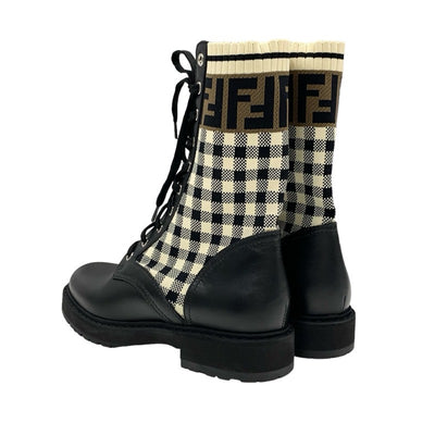 FENDI Rococo Boots Short Boots Shoes Leather Fabric Black Ivory Brown Zucca Check Lace-up