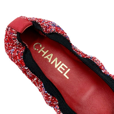 シャネル CHANEL フラットシューズ 靴 シューズ ツイード レッド ブラック 未使用 ココマーク バレエシューズ