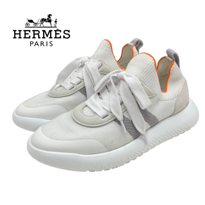 エルメス HERMES クルー スニーカー 靴 シューズ ファブリック スエード ホワイト ライトグレー ソックススニーカー Hロゴ ニット