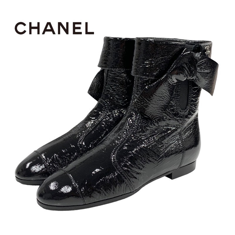 シャネル CHANEL ブーツ ショートブーツ 靴 シューズ パテント ブラック 黒 ココマーク シワ加工 サイドゴア リボン