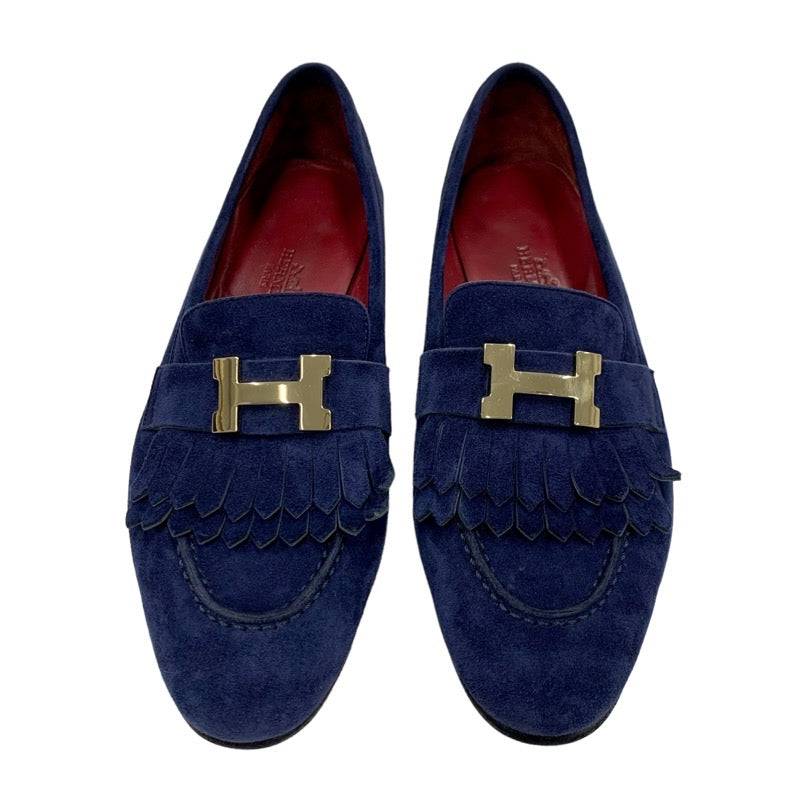 エルメス HERMES ロワイヤル ローファー 革靴 靴 シューズ スエード ネイビー ゴールド モカシン フラットシューズ H金具 フリンジ