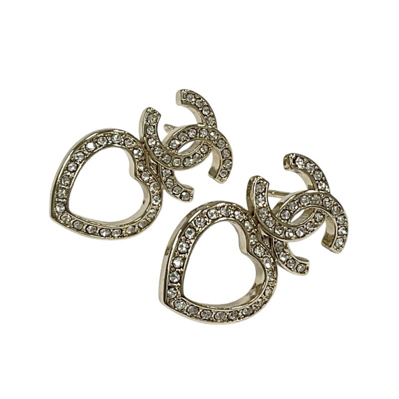 Chanel Earrings Gold Coco Mark Heart Rhinestone