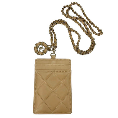 Chanel CHANEL card case card holder pass case lambskin beige gold coco mark charm matelasse chain