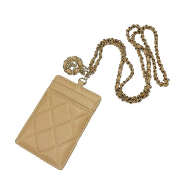 Chanel CHANEL card case card holder pass case lambskin beige gold coco mark charm matelasse chain