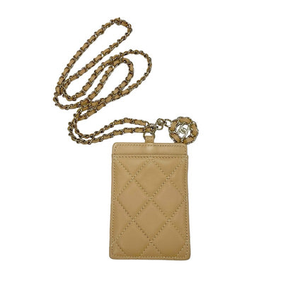 Chanel CHANEL card case card holder pass case lambskin beige gold coco mark charm matelasse chain