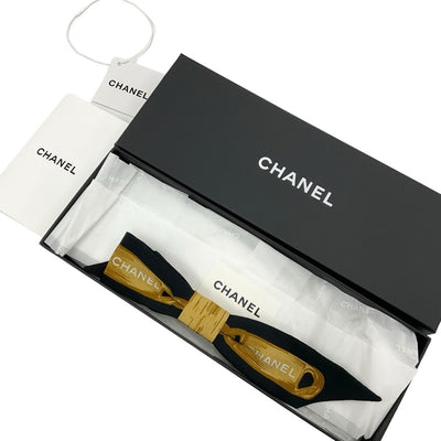 Chanel Hair Accessories Black Brown White Logo Ribbon Barrette Hair Clip