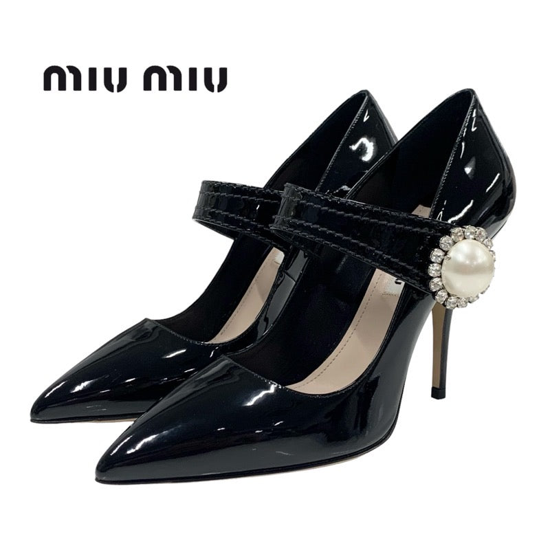 ミュウミュウ MIUMIU パンプス 靴 シューズ パテント ブラック 黒 未使用 パール ビジュー ストラップ パーティーシューズ