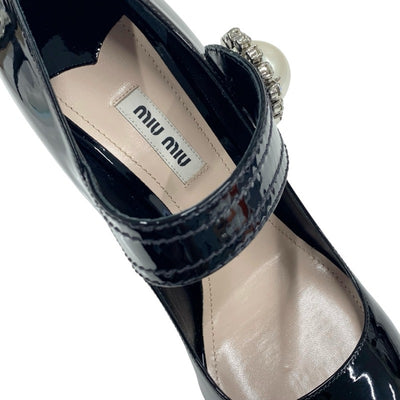 MIUMIU Pumps Shoes Patent Black Unused Pearl Bijou Strap Party Shoes