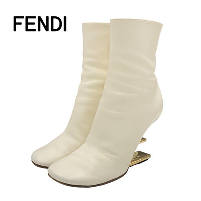 FENDI First Boots Short Boots Shoes Leather Ivory Gold Metal Heel