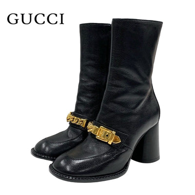 Gucci Boots, Short Boots, Shoes, Leather, Black, Black, Gold, Chain Belt