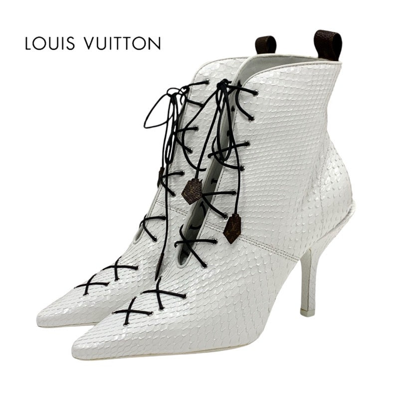 Louis Vuitton Monogram Boots Short Boots Shoes Leather White White Unused Ankle Boots Lace-up Python
