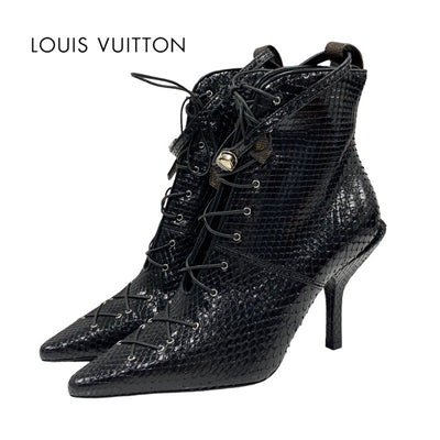 Louis Vuitton Monogram Boots Short Boots Shoes Leather Black Brown Black Unused Ankle Boots Lace-up Python