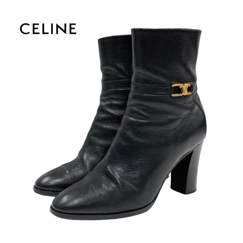 CELINE boots, short boots, shoes, leather, black, gold, triomphe