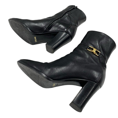 CELINE boots, short boots, shoes, leather, black, gold, triomphe